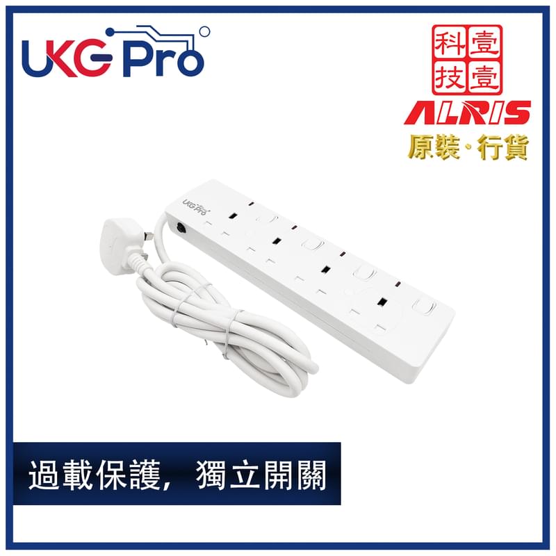 4X13A Overcurrent Protected NEON SWITCHED 2M Cable Power Strip, LED Trailing Socket (UPS-134S)