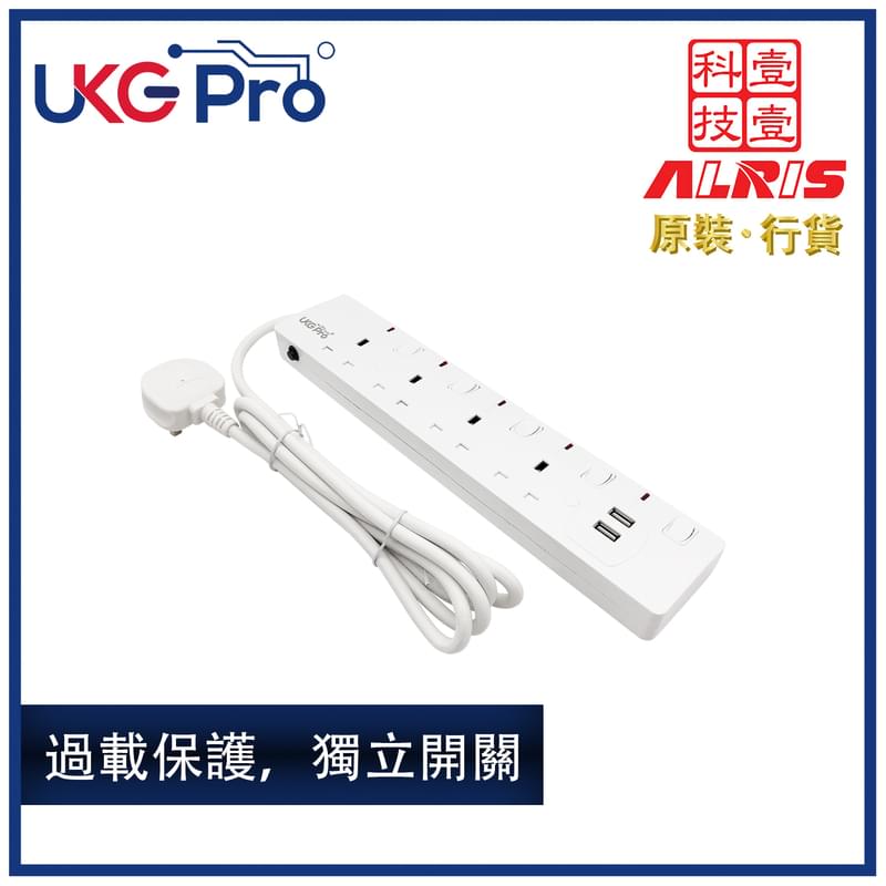 4x13A+2xUSB Overcurrent Protected NEON SWITCHED 2M Cable Power Strip, Trailing Socket (UPS-134S2U2)