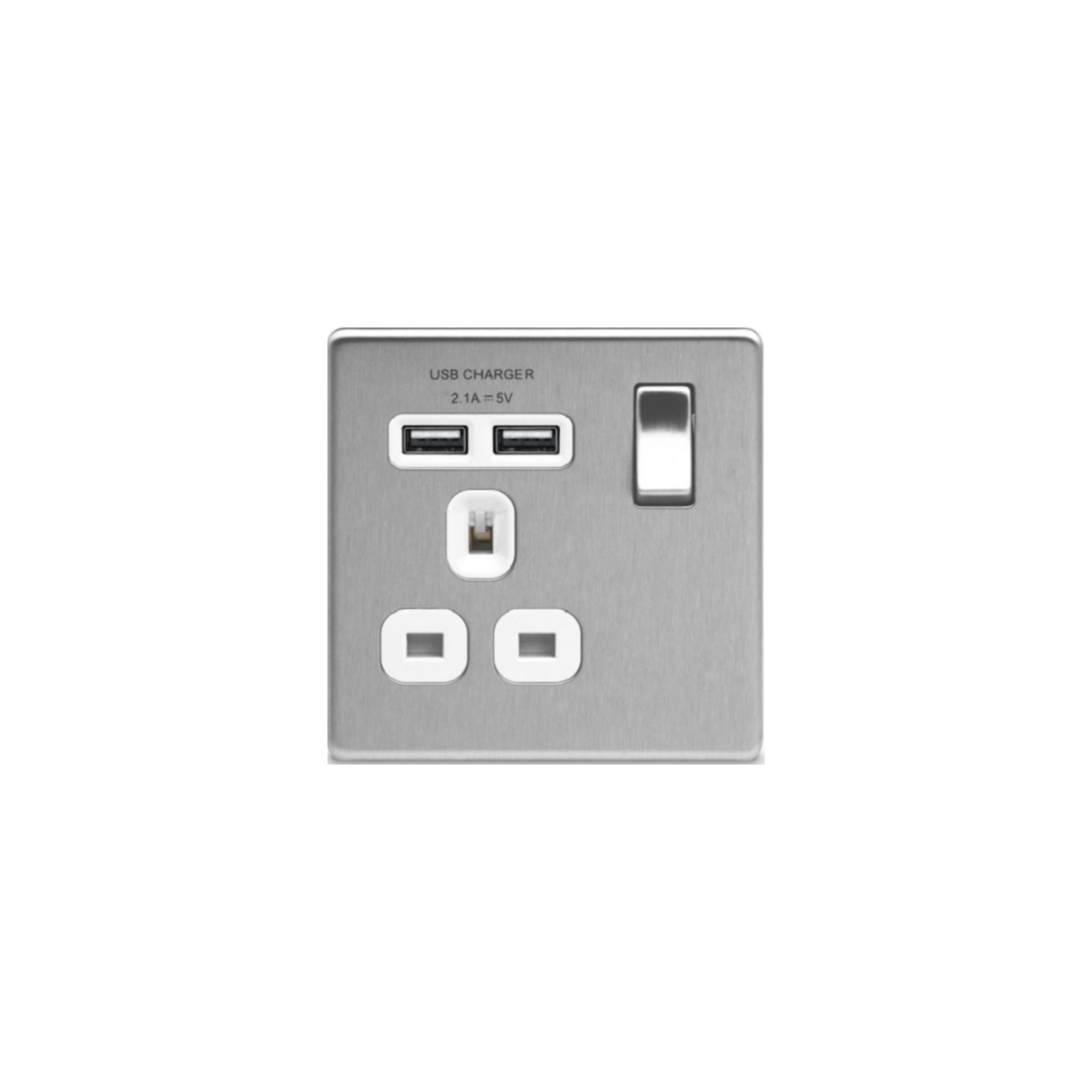 Flatplate Brushed Steel 2USB 2.1A 1-Gang 13A Switched Wall Socket Grey Insert, USB Charger(FBS21U2W)