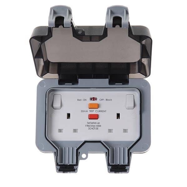 IP66 WeatherProof 2-Gang 13A Switched RCD Socket, Dual/Two Gang Residual Current Device (WP22RCD)
